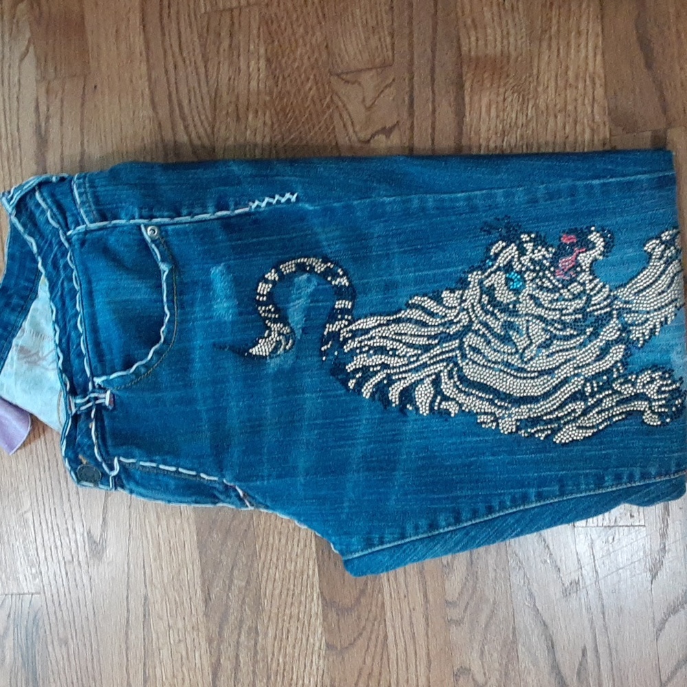 Embellished Blue Women's Jeans with Tiger Sequin Motif